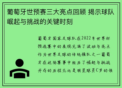 葡萄牙世预赛三大亮点回顾 揭示球队崛起与挑战的关键时刻