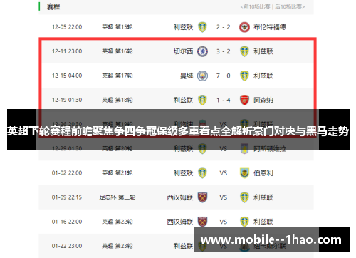 英超下轮赛程前瞻聚焦争四争冠保级多重看点全解析豪门对决与黑马走势 英超下轮赛程前瞻聚焦争四争冠保级多重看点全解析豪门对决与黑马走势